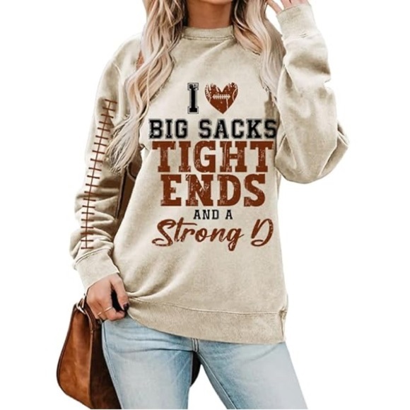 Tops - Funny Tan Graphic Sweatshirt with Red and Black Text